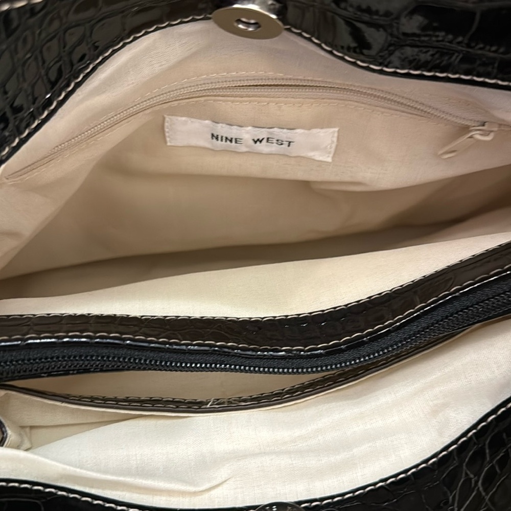 Nine West Y2K Ivory Woven Shoulder Bag Black Croc Patent Silver Buckle - Picture 10 of 16